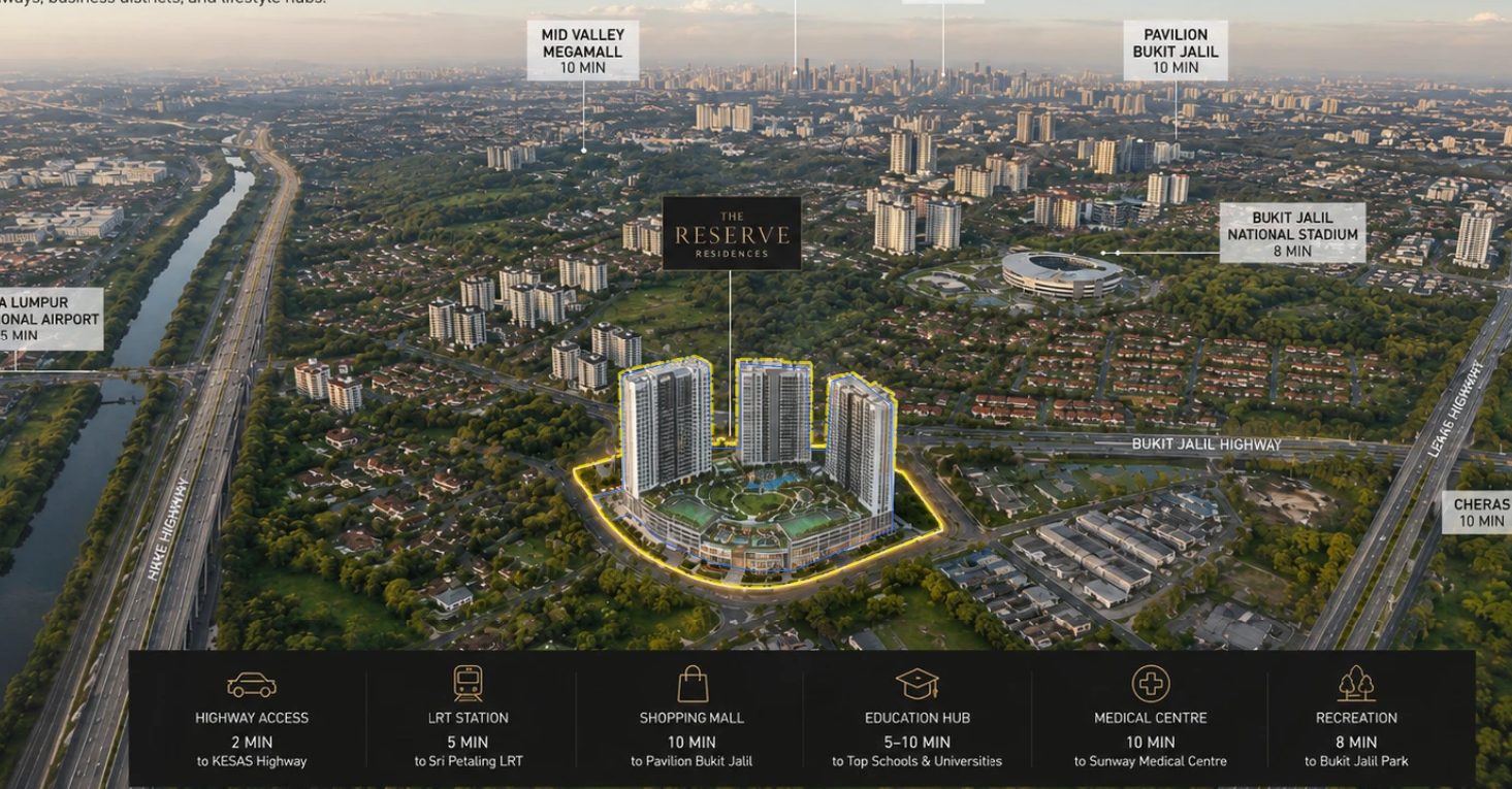 The Reserve Residences location story with travel-time markers